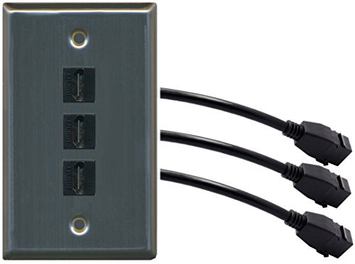 RiteAV (1 Gang Flat 3 HDMI Black Wall Plate w/Pigtail Extension Cable Stainless Steel