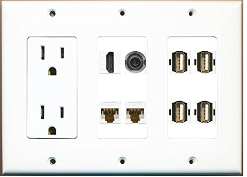 RiteAV (3 Gang 15A Power Outlet HDMI 2 Cat6 White 3.5mm 4 USB A-A Wall Plate White
