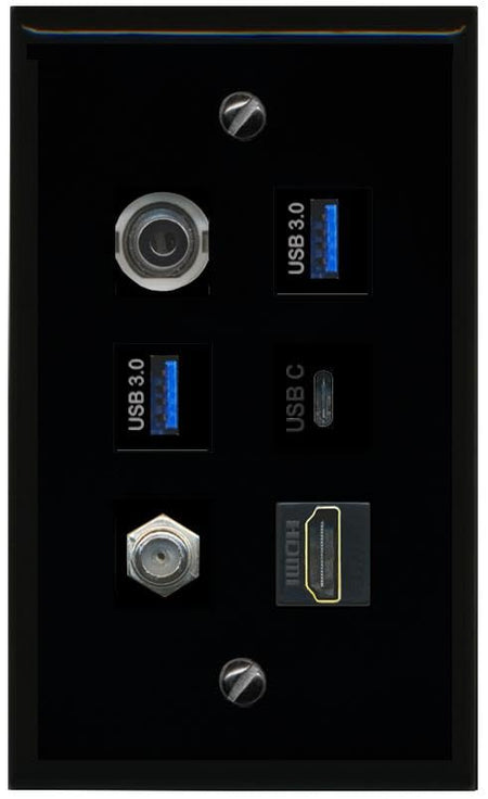 RiteAV 3.5mm Coax HDMI 2 USB 3 USBC Flat/Solid Wall Plate [Black]