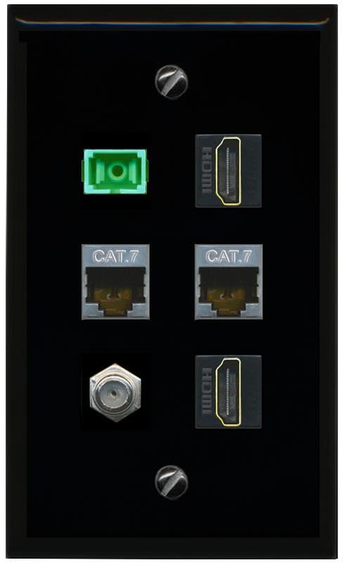 RiteAV 2 CAT7 COAX 2 HDMI SC APC Simplex Fiber Flat/Solid Wall Plate [Black]