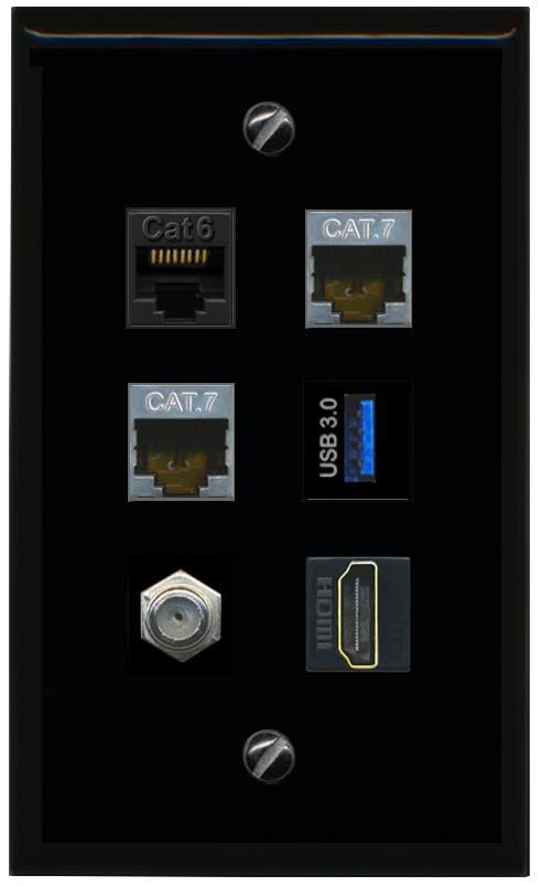 RiteAV CAT6 2 CAT7 Coax HDMI USB 3 Flat/Solid Wall Plate [Black]