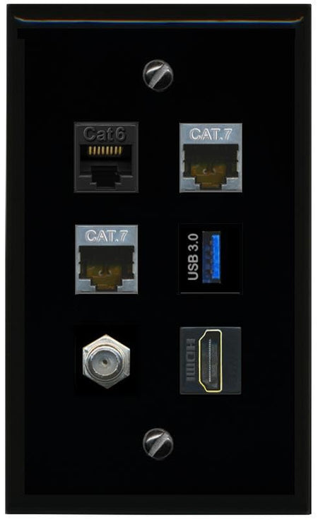 RiteAV CAT6 2 CAT7 Coax HDMI USB 3 Flat/Solid Wall Plate [Black]