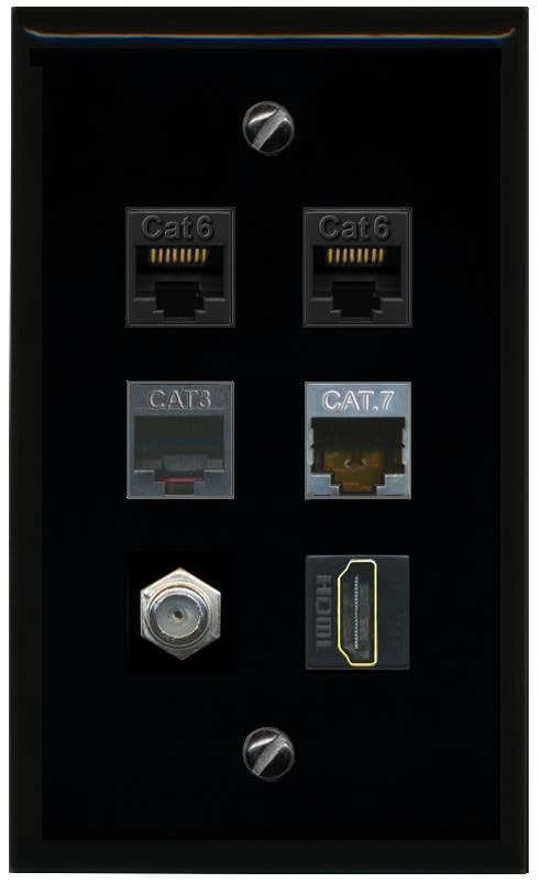 RiteAV 2 CAT6 CAT7 Coax HDMI Phone Flat/Solid Wall Plate [Black]