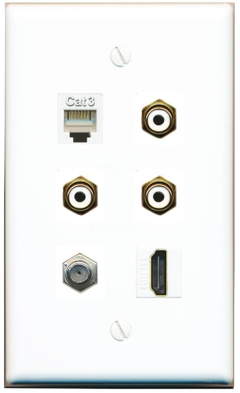 RiteAV Coax HDMI Phone 3 RCA-White Flat/Solid Wall Plate [White]
