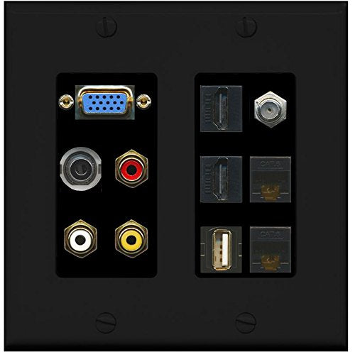 RiteAV - (2 Gang Decorative Svga Composite 3.5mm USB 2 HDMI Coax 2 Cat6 Wall Plate Black