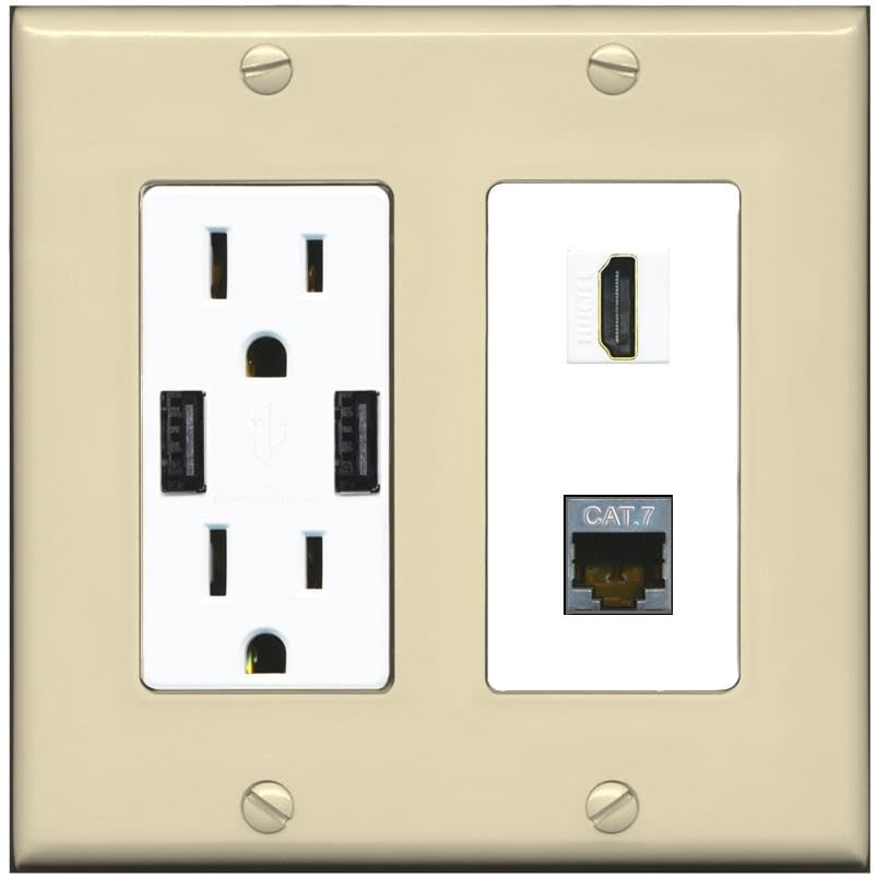 RiteAV HDMI and Cat7 Wall Plate - USB Charger [Ivory/White]