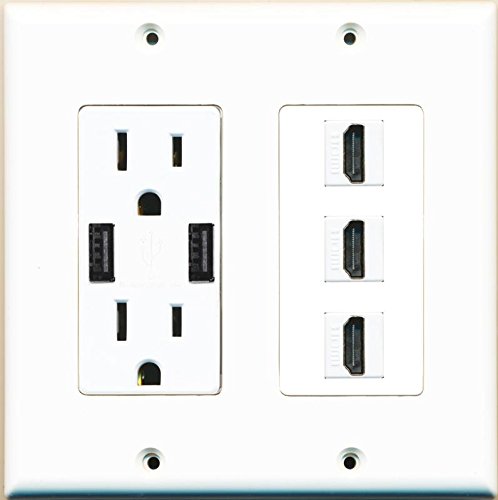 RiteAV 15A 125V Power Outlet with 2 Powered USB Ports and 3 x HDMI Decorative White Wall Plate