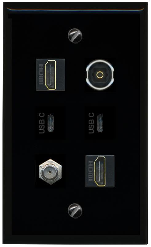 RiteAV Coax 2 HDMI TOSLINK 2 USBC Flat/Solid Wall Plate [Black]