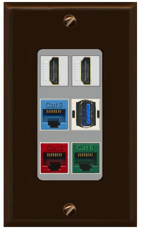 RiteAV 2 HDMI 3 Cat6 Ethernet USB3 Mixed Color Wall Plate - 1 Gang [Brown/Gray]