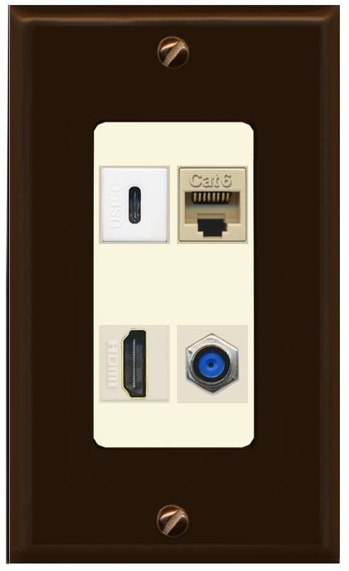 RiteAV USBC HDMI Cat6 Coax F81 Wall Plate - 1 Gang [Brown/Light-Almond]