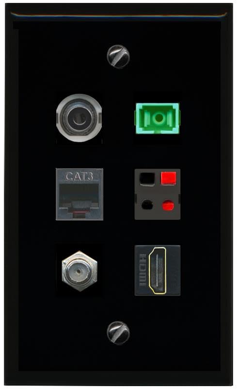 RiteAV 3.5mm COAX HDMI PHONE SC APC Simplex Fiber SPEAKER Flat/Solid Wall Plate [Black]