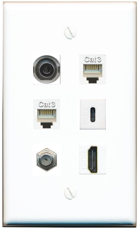 RiteAV 3.5mm Coax HDMI 2 Phone USBC Flat/Solid Wall Plate [White]