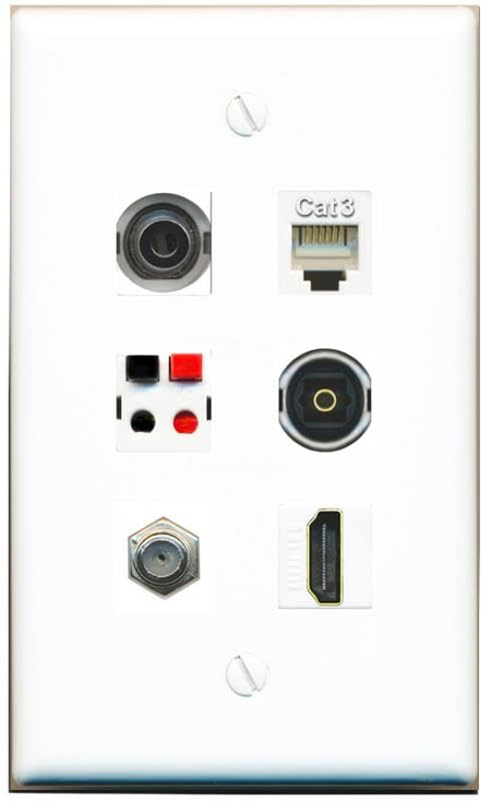 RiteAV 3.5mm COAX HDMI PHONE SPEAKER TOSLINK Flat/Solid Wall Plate [White]