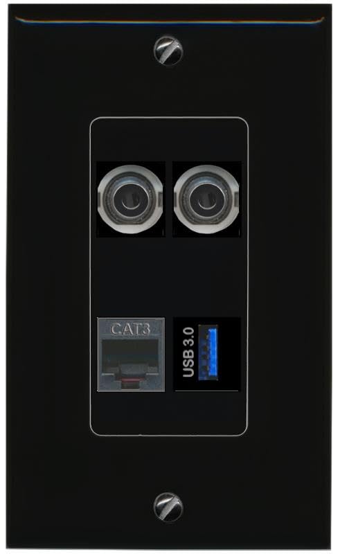 RiteAV 2 3.5mm PHONE USB-3 Wall Plate Decorative [Black]