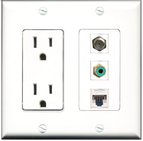 RiteAV - 15 Amp Power Outlet 1 Port RCA Green 1 Port Coax 1 Port Cat5e Ethernet White Decorative Wall Plate