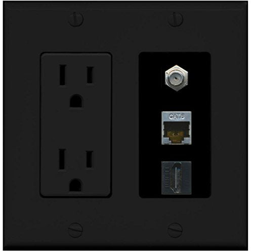 RiteAV - 15 Amp Power Outlet 1 Port HDMI Coax Shielded Cat6 Ethernet Ethernet Wall Plate - Black