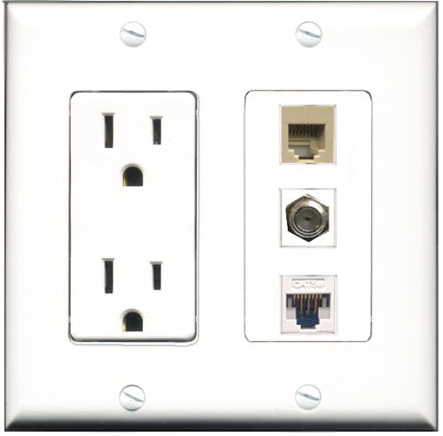RiteAV - 15 Amp Power Outlet 1 Port Coax 1 Port Phone Beige 1 Port Cat5e Ethernet White Decorative Wall Plate
