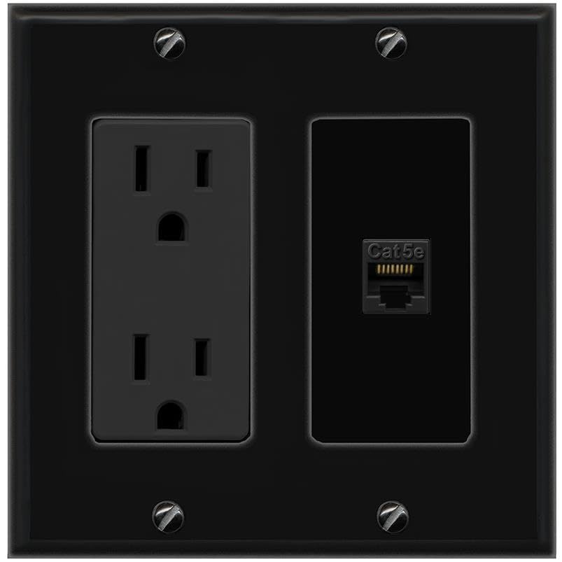 RiteAV CAT5E-BLACK Wall Plate with Power Outlet [Black]