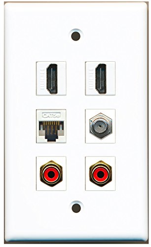 RiteAV - 2 HDMI 2 Port RCA Red 1 Port Coax Cable TV- F-Type 1 Port Cat5e Ethernet White Wall Plate