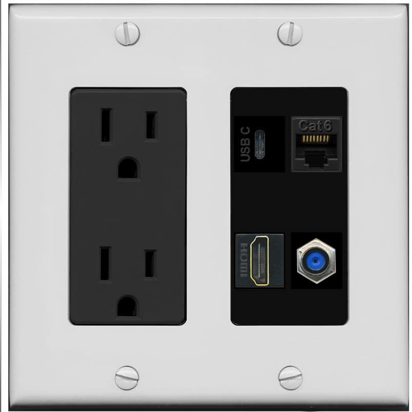 RiteAV USBC HDMI Cat6 Coax F81 Wall Plate - Outlet [Gray/Black]