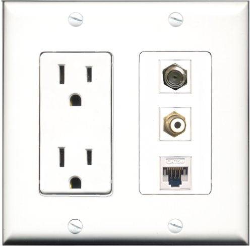RiteAV - 15 Amp Power Outlet 1 Port RCA White 1 Port Coax 1 Port Cat5e Ethernet White Decorative Wall Plate