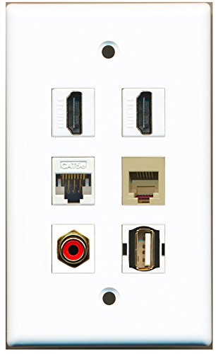 RiteAV - 2 HDMI 1 Port RCA Red 1 Port USB A-A 1 Port Phone RJ11 RJ12 Beige 1 Port Cat5e Ethernet White Wall Plate