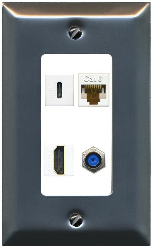 RiteAV USBC HDMI Cat6 Coax F81 Wall Plate - 1 Gang [Stainless/White]