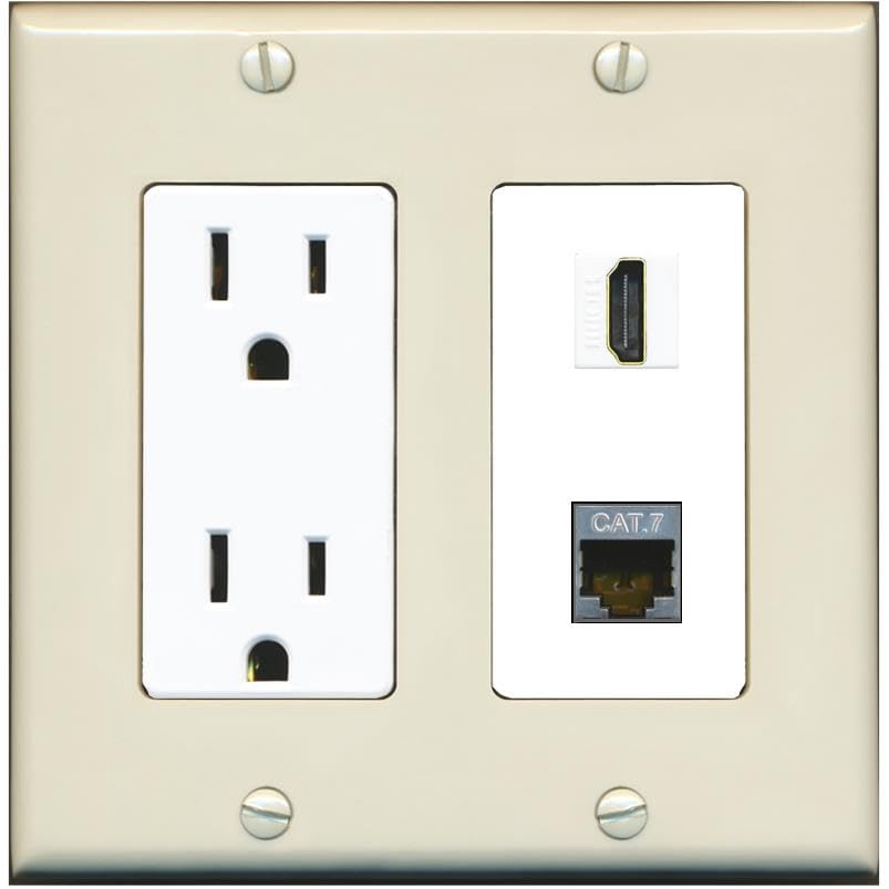 RiteAV HDMI and Cat7 Wall Plate - Outlet [Light-Almond/White]