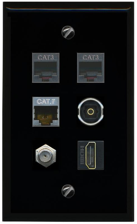 RiteAV CAT7 Coax HDMI 2 Phone TOSLINK Flat/Solid Wall Plate [Black]