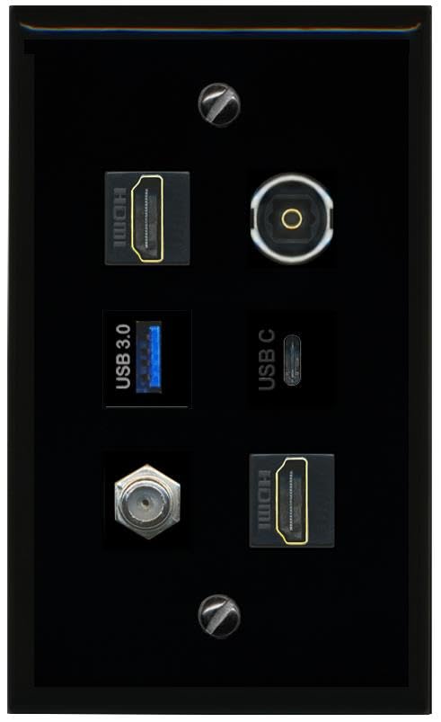 RiteAV Coax 2 HDMI TOSLINK USB 3 USBC Flat/Solid Wall Plate [Black]