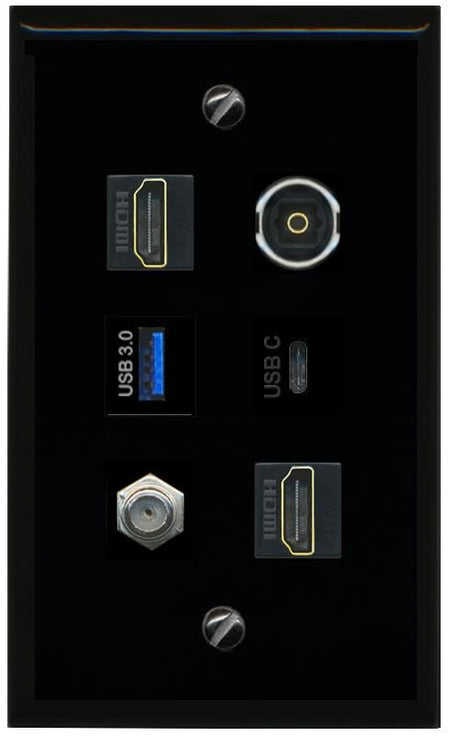 RiteAV Coax 2 HDMI TOSLINK USB 3 USBC Flat/Solid Wall Plate [Black]