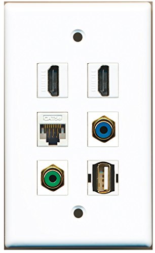 RiteAV - 2 HDMI 1 Port RCA Green 1 Port RCA Blue 1 Port USB A-A 1 Port Cat5e Ethernet White Wall Plate