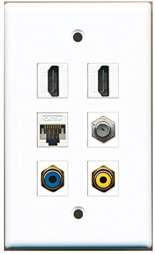 RiteAV - 2 HDMI 1 Port RCA Yellow 1 Port RCA Blue 1 Port Coax Cable TV- F-Type 1 Port Cat5e Ethernet White Wall Plate