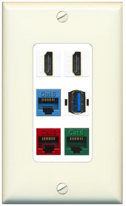 RiteAV 2 HDMI 3 Cat6 Ethernet USB3 Mixed Color Wall Plate - 1 Gang [Light-Almond/White]