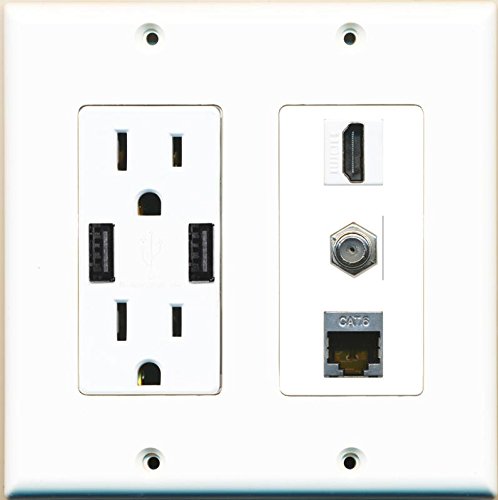 RiteAV Power Outlet 2 USB Charger HDMI Coax Shielded Cat6 Wall Plate White