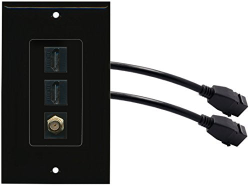 RiteAV (1 Gang Decorative) 2 HDMI Black Coax Wall Plate w/Pigtail Extension Cable Black