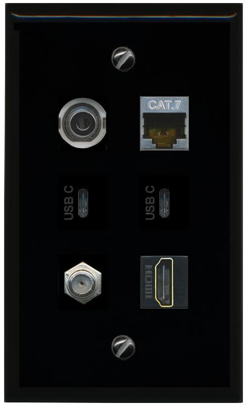 RiteAV 3.5mm CAT7 Coax HDMI 2 USBC Flat/Solid Wall Plate [Black]