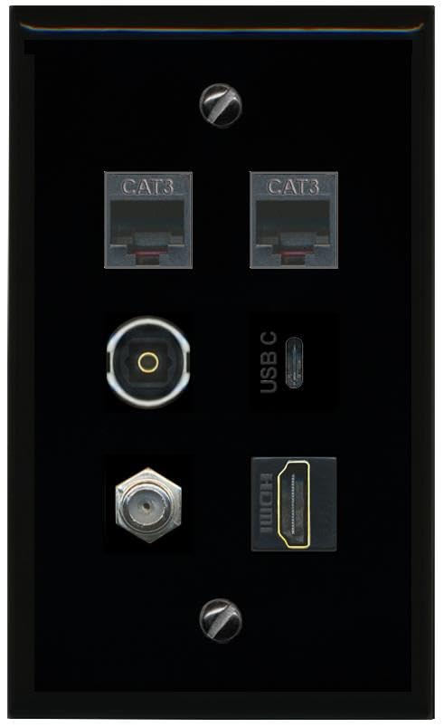 RiteAV Coax HDMI 2 Phone TOSLINK USBC Flat/Solid Wall Plate [Black]