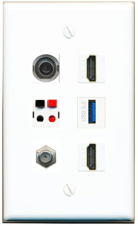 RiteAV 3.5mm COAX 2 HDMI SPEAKER USB-3 Flat/Solid Wall Plate [White]