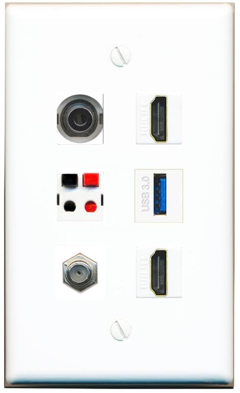 RiteAV 3.5mm COAX 2 HDMI SPEAKER USB-3 Flat/Solid Wall Plate [White]