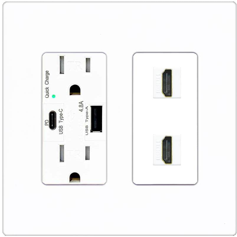 RiteAV HDMI Wall Plate 2 Port - USB A+C Charger [Screwless White]