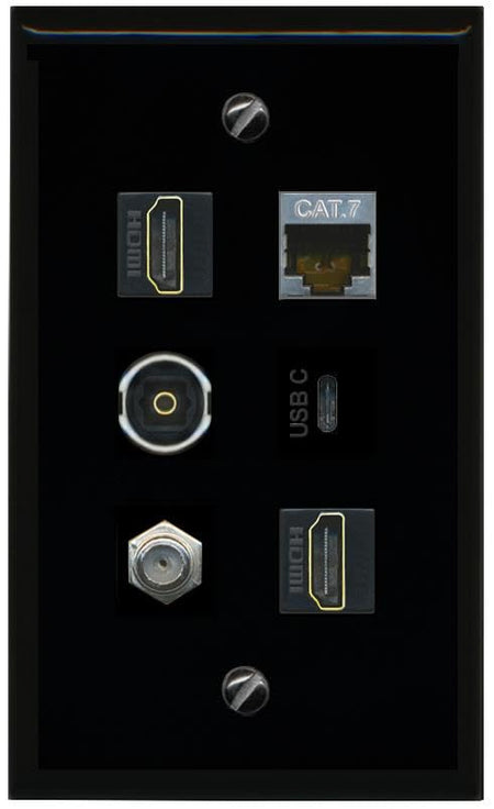 RiteAV CAT7 Coax 2 HDMI TOSLINK USBC Flat/Solid Wall Plate [Black]