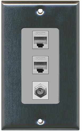 RiteAV - 1 Port Coax Cable TV- F-Type 2 Port Cat5e Ethernet Decorative Wall Plate - Stainless Steel/Gray