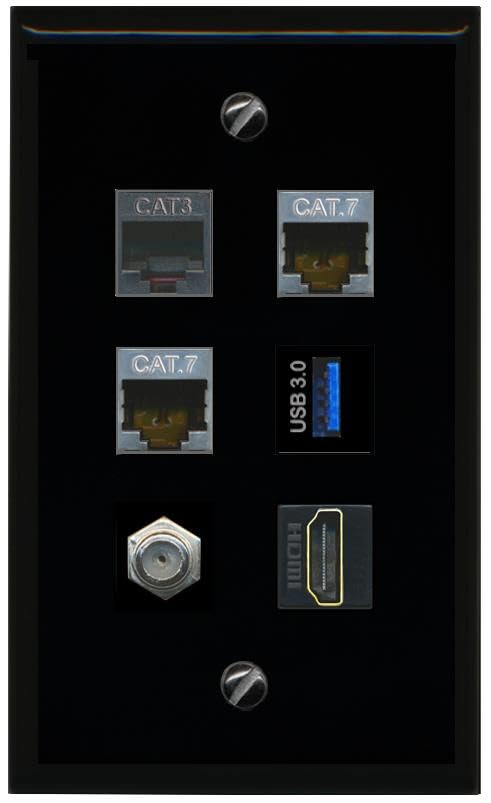 RiteAV 2 CAT7 Coax HDMI Phone USB 3 Flat/Solid Wall Plate [Black]