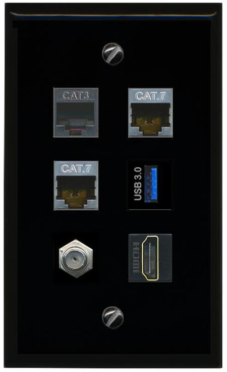 RiteAV 2 CAT7 Coax HDMI Phone USB 3 Flat/Solid Wall Plate [Black]