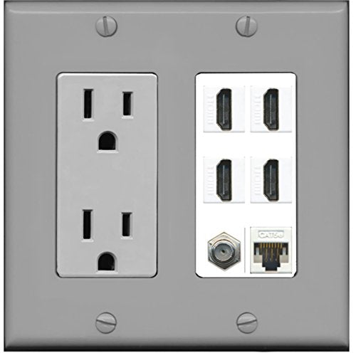 RiteAV 15A Power Outlet 4 HDMI 1 Cat5E Ethernet 1 Coax Cable TV Wall Plate - Gray Outlet/White Inner