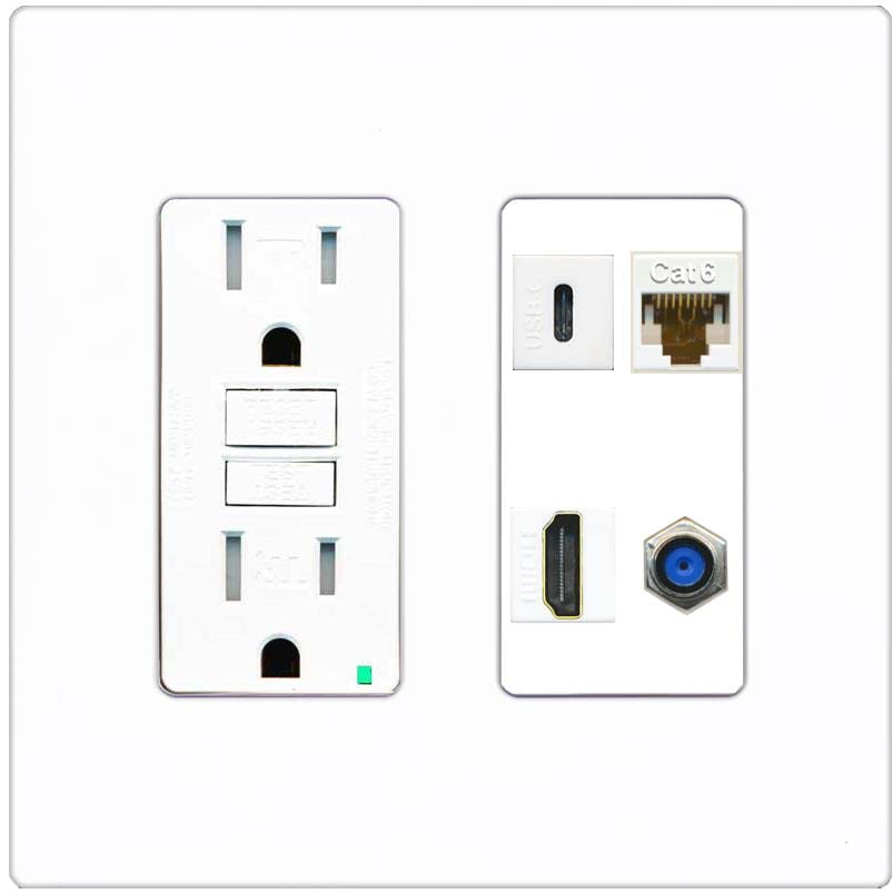 RiteAV USBC HDMI Cat6 Coax F81 Wall Plate - GFCI [Screwless White]