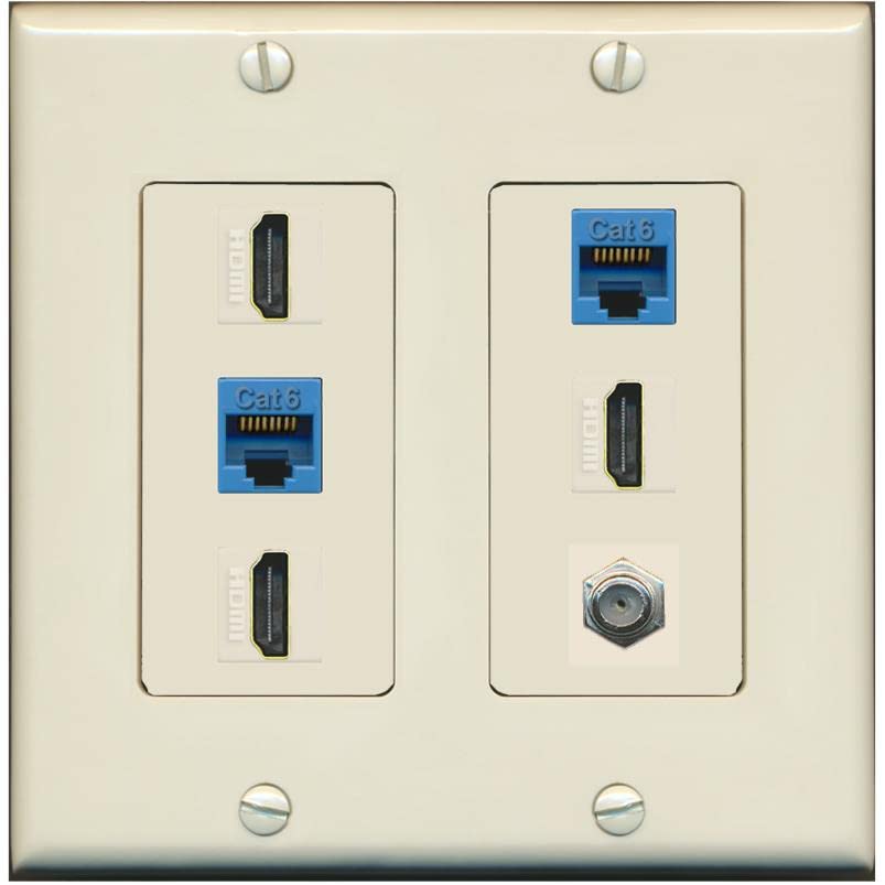 RiteAV 3 HDMI Wall Plate 2 Cat6 1 Coax - 2 Gang [Light-Almond]