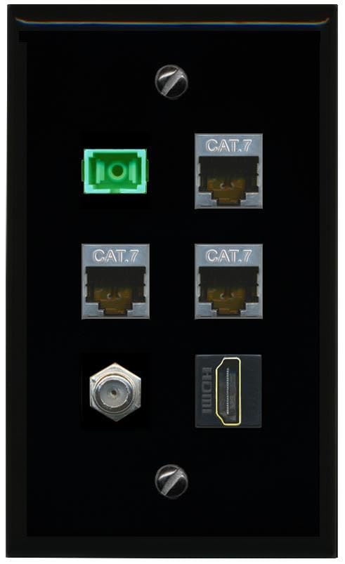 RiteAV 3 CAT7 COAX HDMI SC APC Simplex Fiber Flat/Solid Wall Plate [Black]