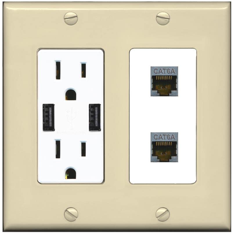 RiteAV 2 Port Cat6A Wall Plate - USB Charger [Ivory/White]